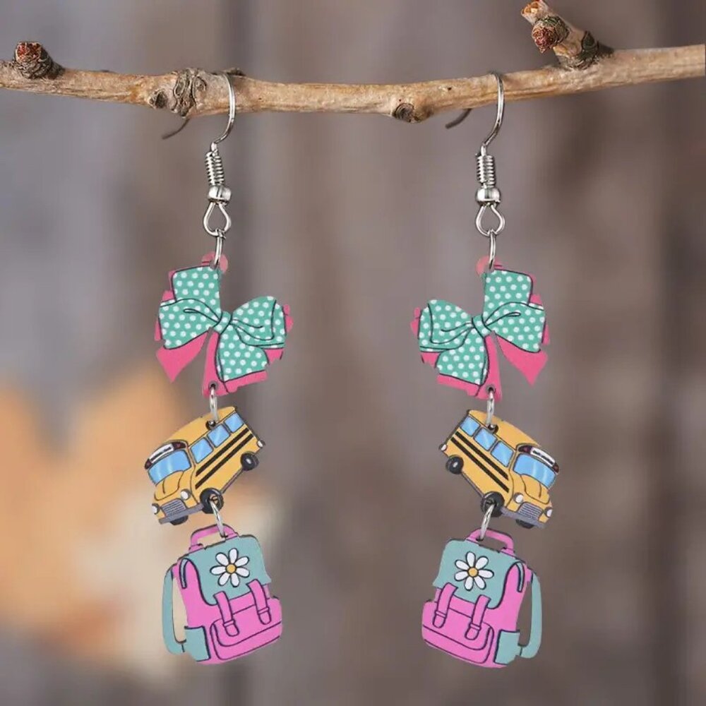 2D Theme Wooden Ear Art School Bus Backpack Dangle Drop Earrings